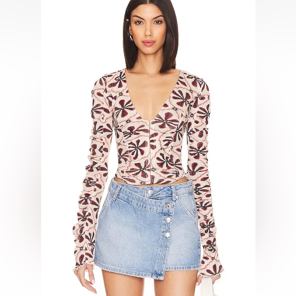 Free People Through The‎ Meadow Blouse Top Ruched Floral Boho Fun Size Small